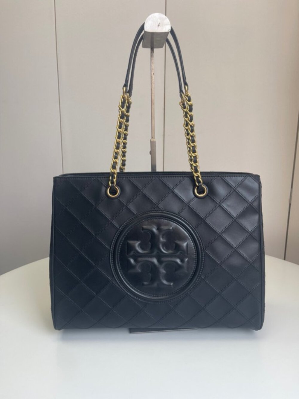 Tory Burch Black Quilted Logo Shoulder Bag with Gold Chain